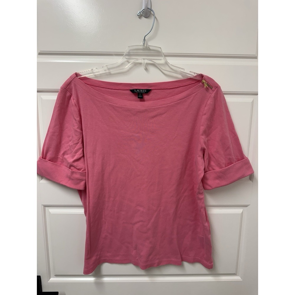 Lauren Ralph Lauren XL Pink Blouse Pullover Shoulder Zipper Cuffed Sleeve A8